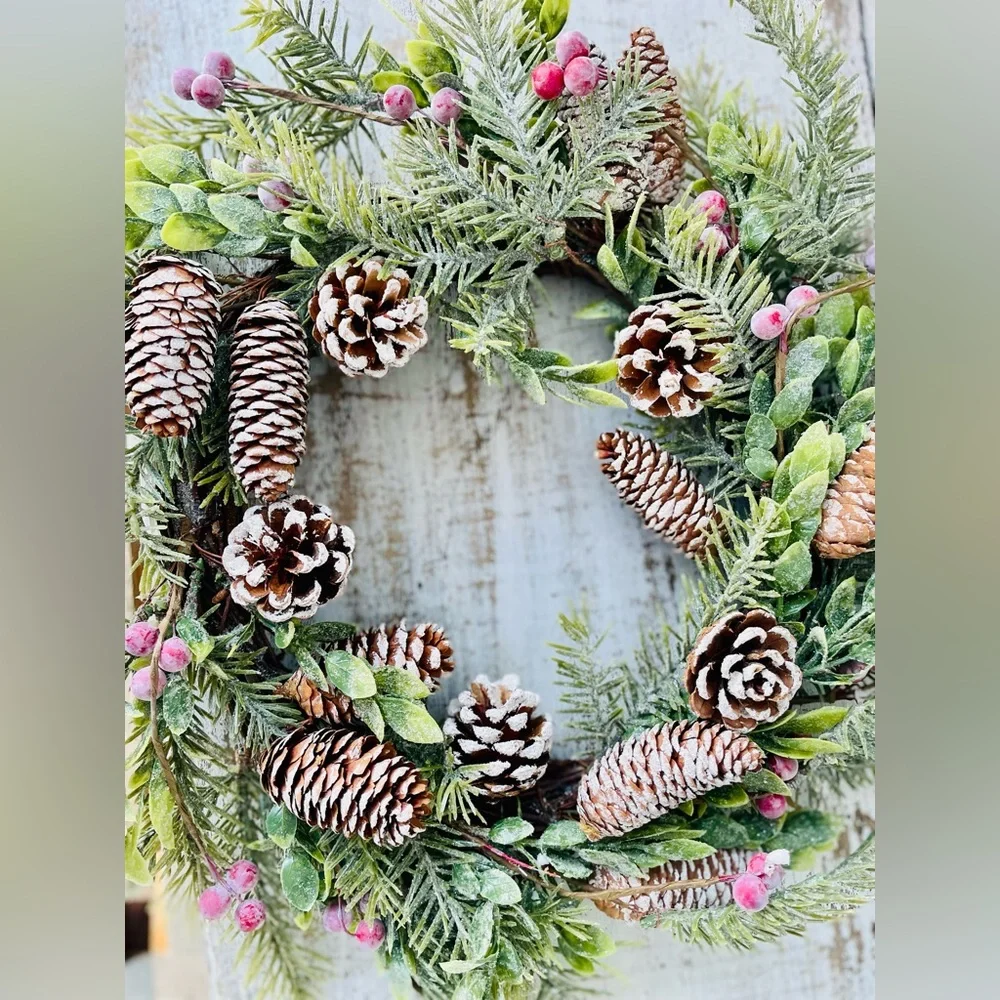 Frosty Cedar, Pinecone & Red Berry Wreath